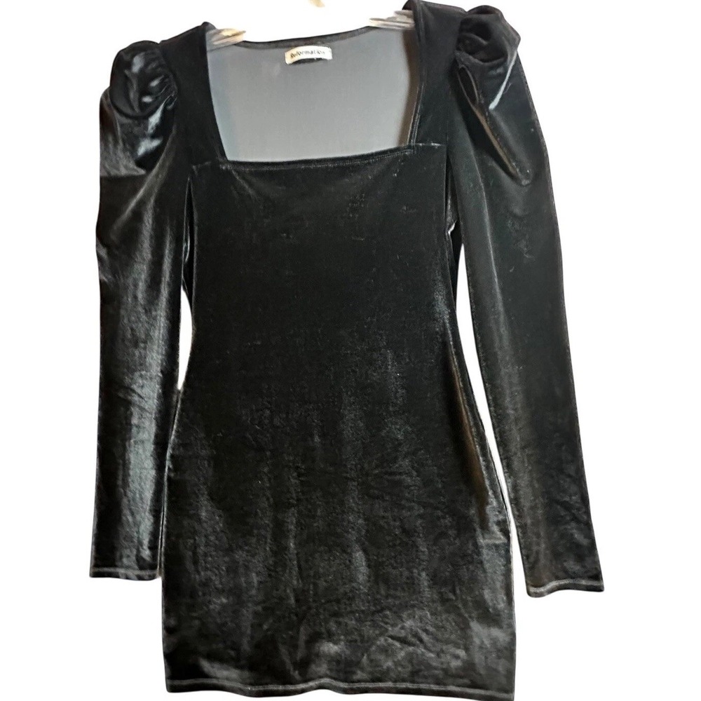 Reformation Lunar Black Velvet Puff Sleeve Square Neck Mini Dress‎ M